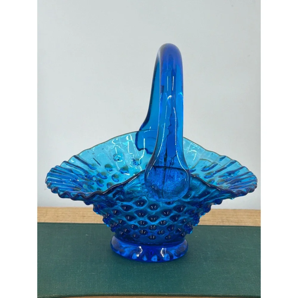 Vintage Blue Fenton Hobnail Glass Basket Ruffled Applied Handle Decorative Dish‎